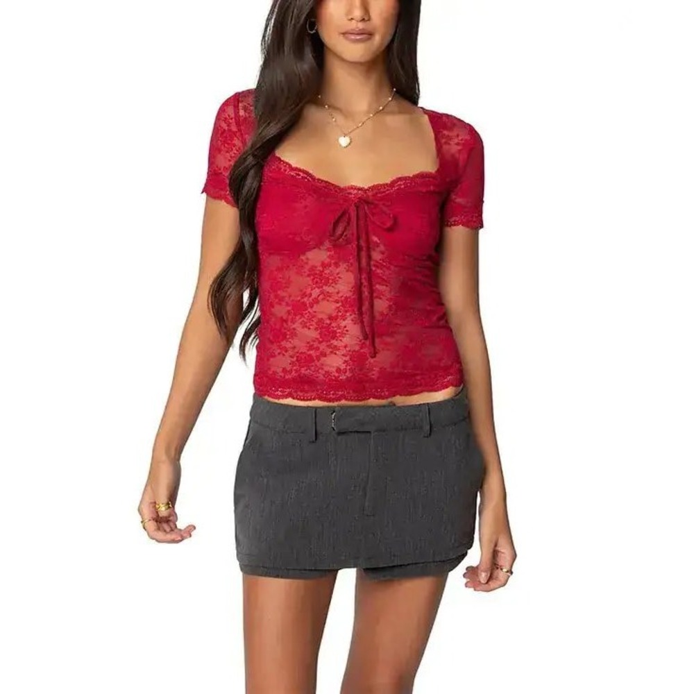 Edikted Roxana Red Lace Blouse Top Size Sheer Going Out Size Small Short Sleeve